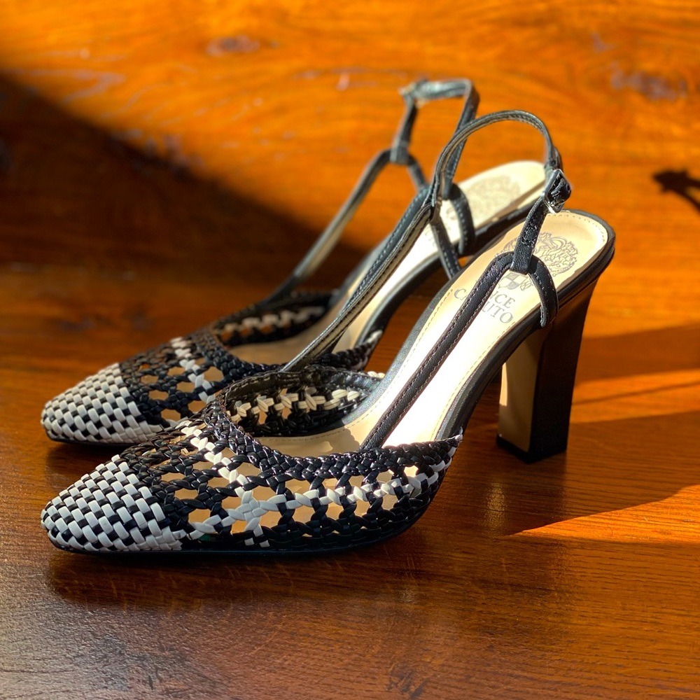 Vince camuto leather black and white heels